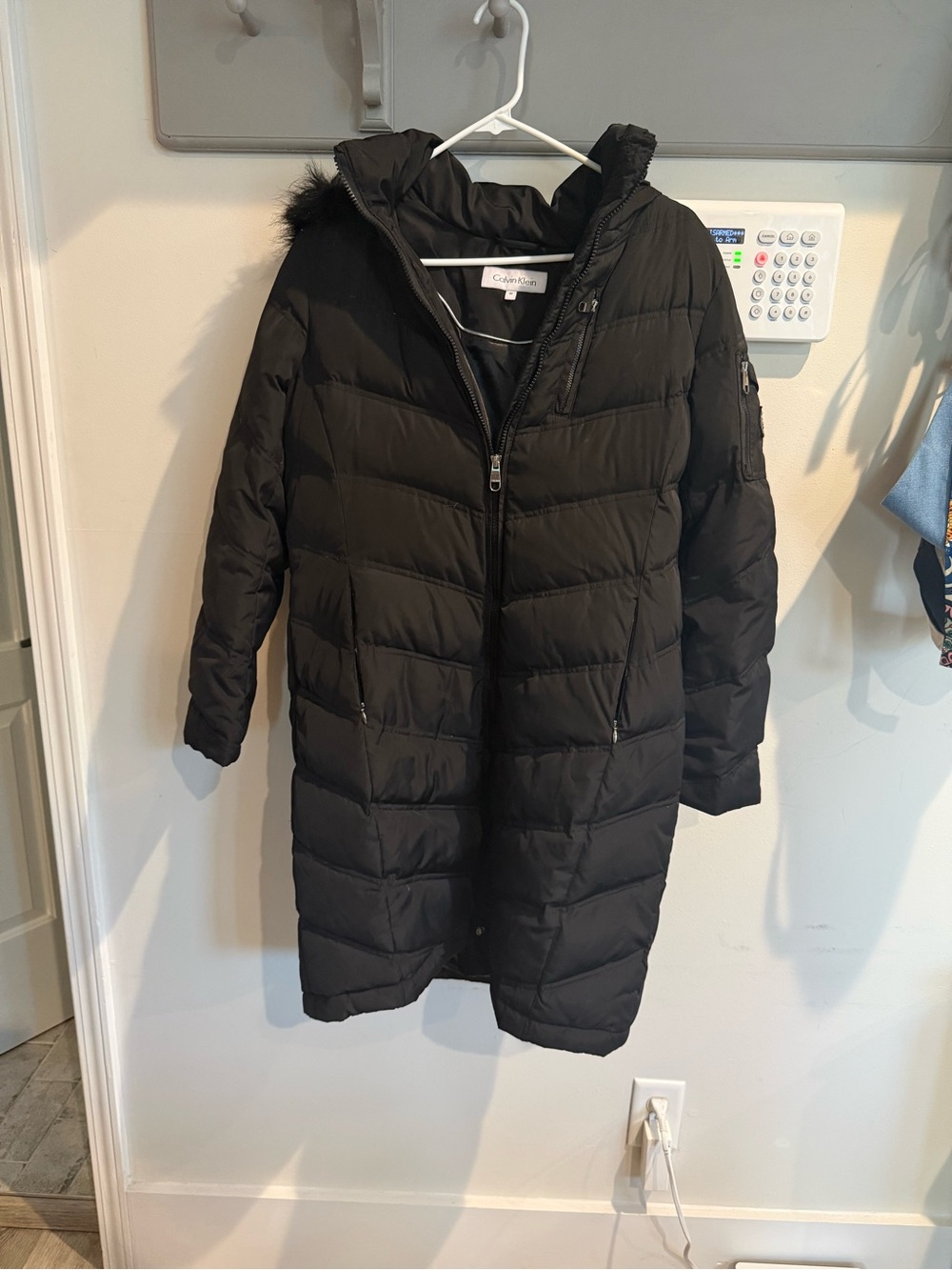 Calvin Klein Black Long Quilted Puffer Coat with Hood